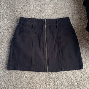 Black denim front zip skirt